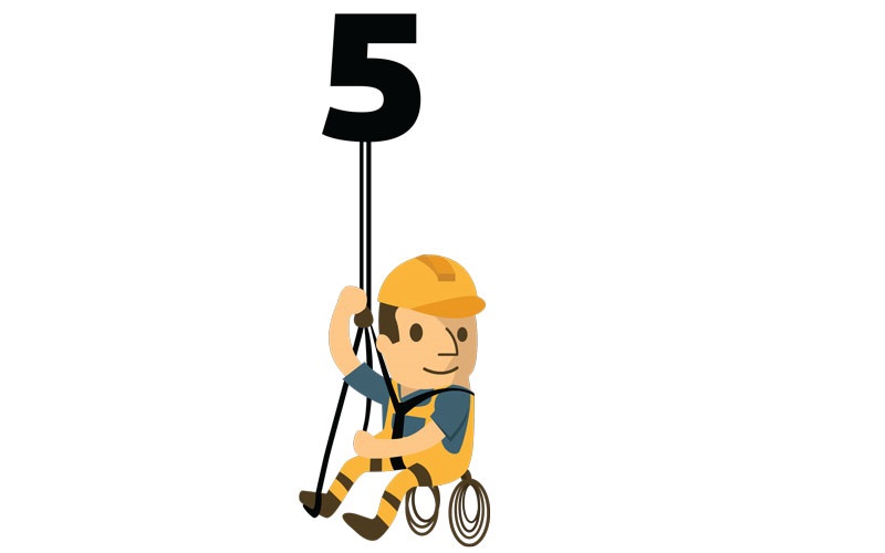 Illustration of construction working hanging down from the number "5"