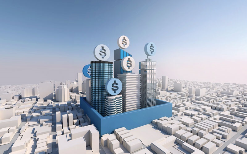 Illustration of blue skyscrapers with dollar signs on top