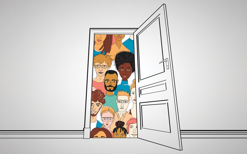 Illustration of an open door with illustrations of diverse faces on the other side