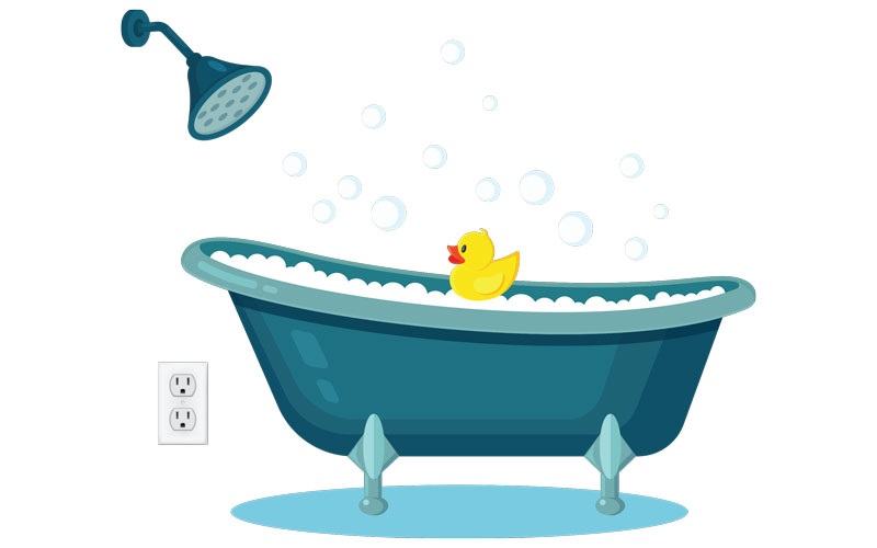 Illustration of rubber duck in bathtub with an outlet next to it
