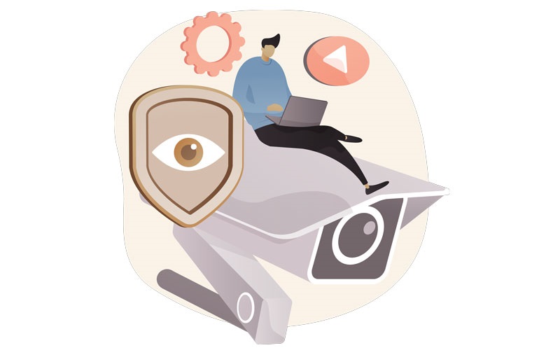 Illustration of person with laptop sitting on top of a security camera