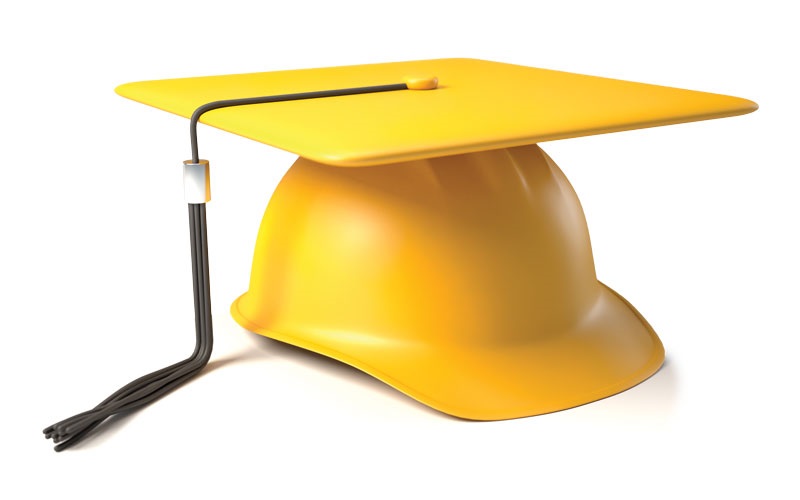 Illustration of yellow graduation cap on top of a yellow construction helmet
