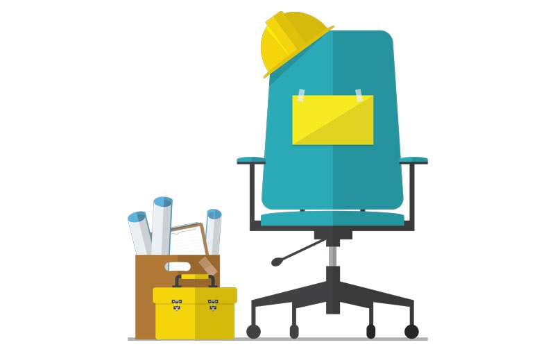 Illustration of empty office chair with a construction hat hanging on it