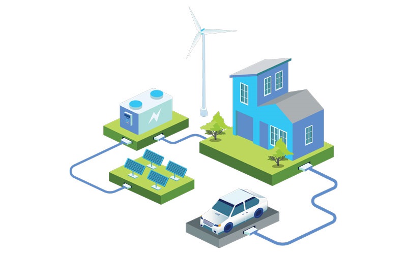 A graphic showing a home, car, solar panels, batteries and wind turbine connected by wires. SHUTTERSTOCK / HASAN AS’ARI