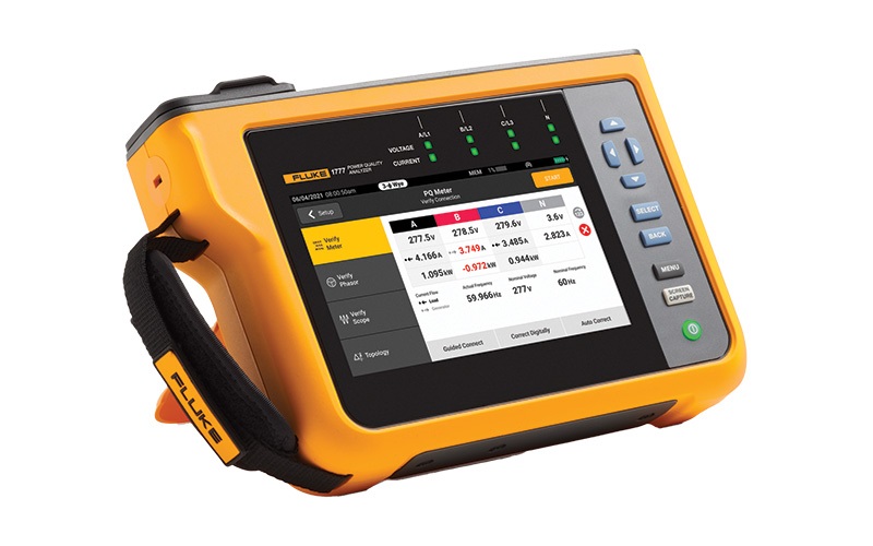 Fluke 1777 PQ Meter (Power Quality Analyzer) with digital display showing voltage, current, and power measurements.