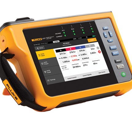 Fluke 1777 PQ Meter (Power Quality Analyzer) with digital display showing voltage, current, and power measurements.
