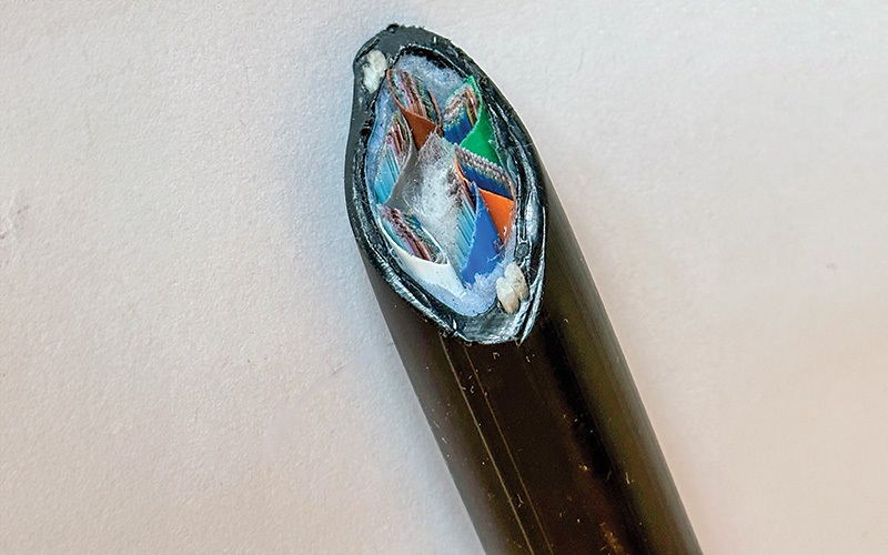 A cross-section of a modern fiber optic cable. Photo by Jim Hayes