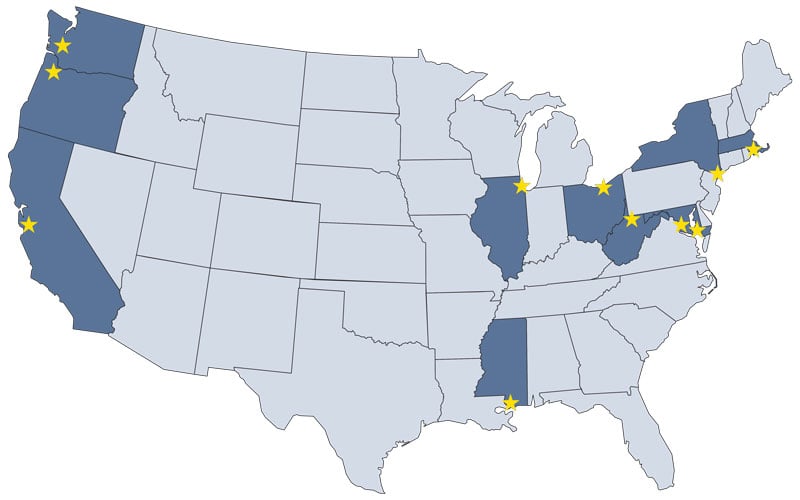 A map of the united states with stars showing locations of U.S. trade groups for women