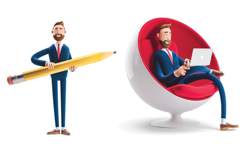 Two men in suits - one stands holding a giant pencil, the other sits in a chair working on a laptop.  SHUTTERSTOCK / BEST PIXELS