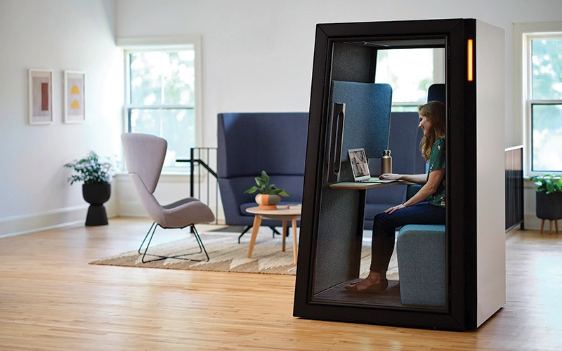 PRIVACY PODS ARE GROWING IN POPULARITY. OFTEN MOBILE, PODS ARE TRULY THE LATEST IN ELECTRIFIED FURNITURE. IMAGE BY STEELCASE.