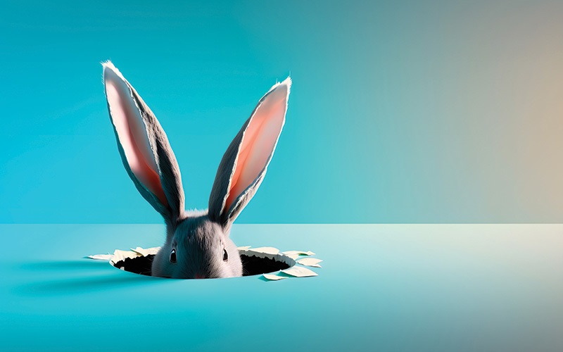 rabbit poking out of a hole
