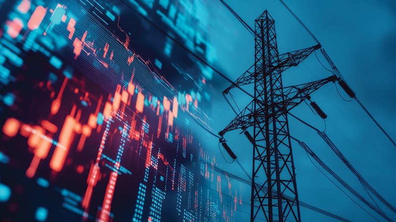An electric transmission tower set against a stock market chart, illustrating an example of the economic effects of electric rate increases