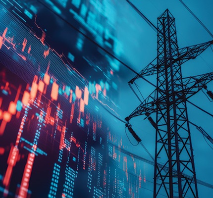 An electric transmission tower set against a stock market chart, illustrating an example of the economic effects of electric rate increases