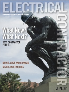 Electrical Contractor cover reading What Now? What Next? with a photo of Rodin's sculpture, The Thinker, with a hard hat on.