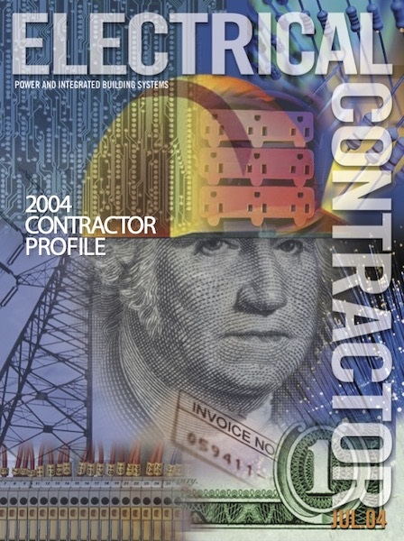 Electrical Contractor cover reading 2004 Contractor Profile with a collage of power towers, George Washington, invoices, receptacles and fiber optic cords.