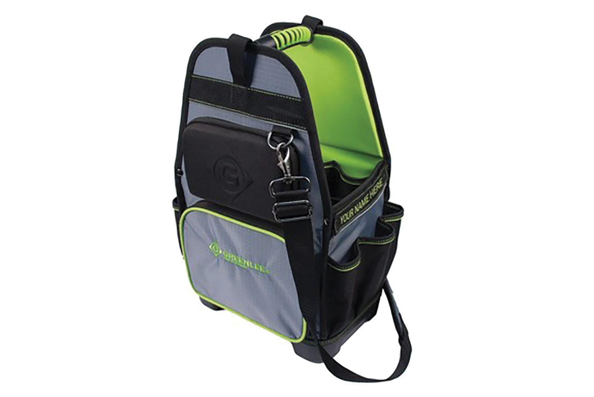 Black, gray and green tool bag with a hard bottom and long strap. Image by Greenlee.