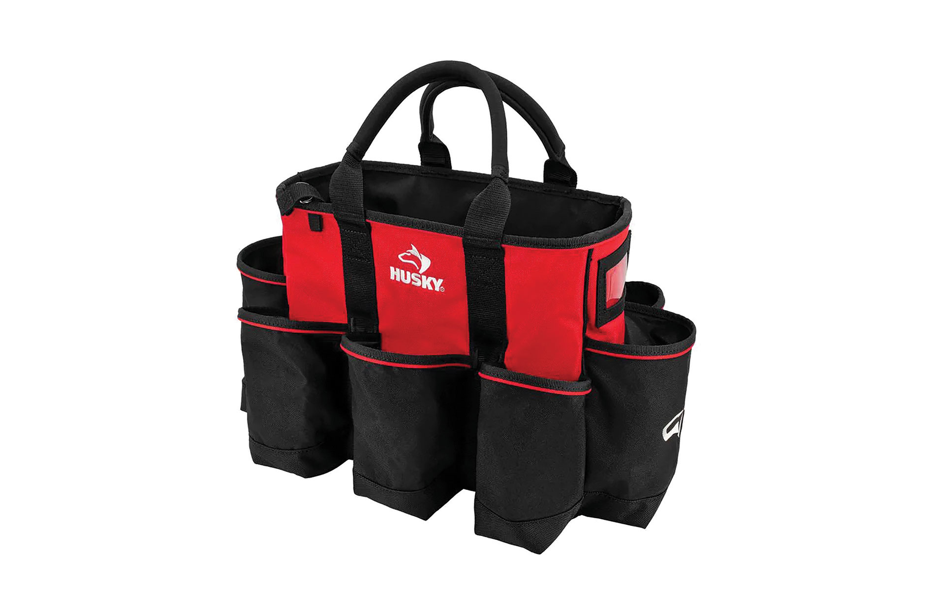 Black and red tool bag with external pockets and white Husky logo. Image by Husky.
