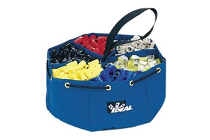 Blue round pouch with five sections and multicolored pieces in each section. Image by Ideal Industries.