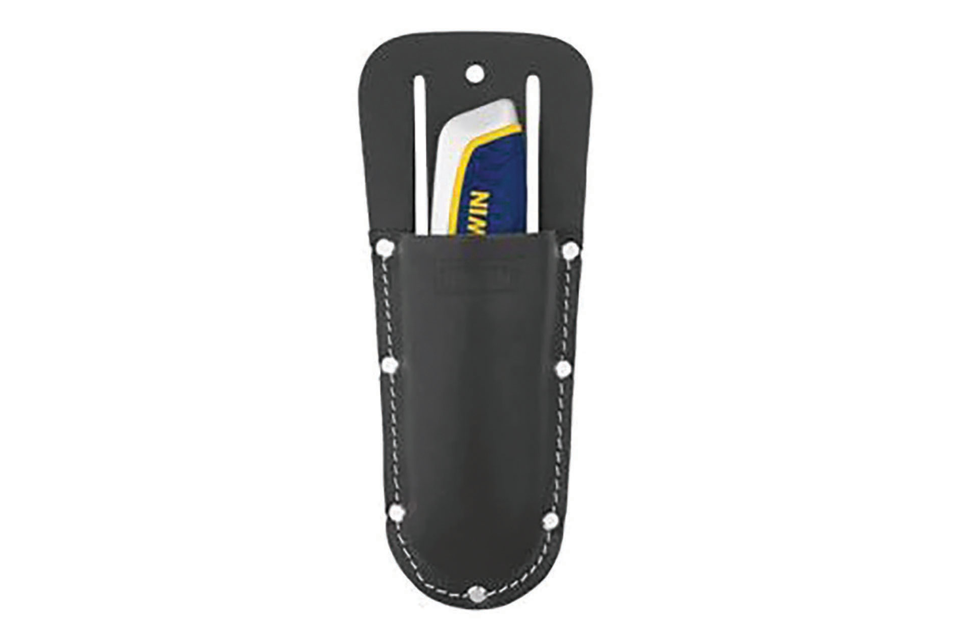 Black knife holder with a knife with a blue and yellow handle. Image by Irwin Tools.
