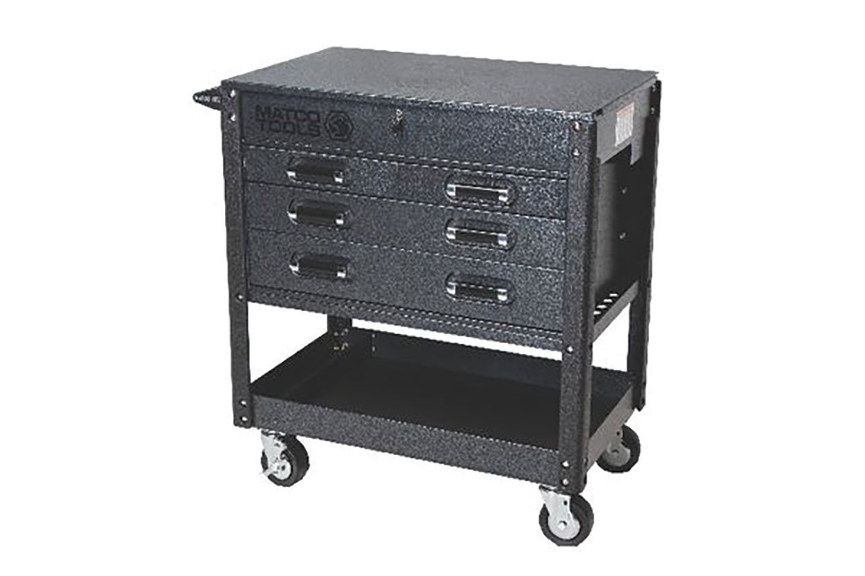 0922_Featured_matco Gray tool chest with four drawers, wheels and a bottom shelf. Image by Matco Tools.