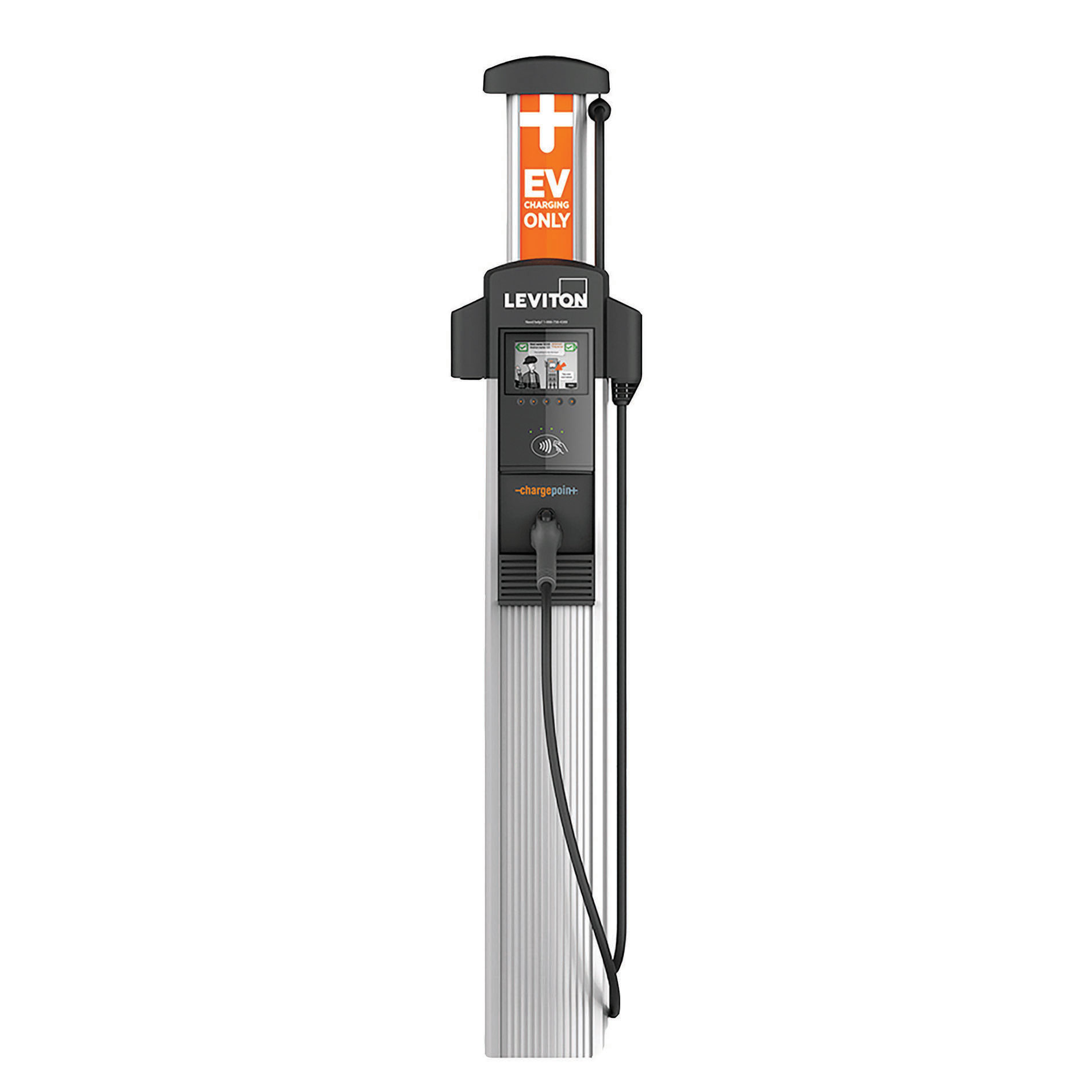 Black, gray and orange EV charger stand with Leviton logo. Image by Leviton.