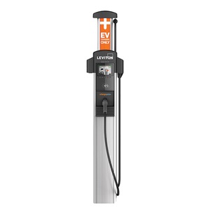 Black, gray and orange EV charger stand with Leviton logo. Image by Leviton.