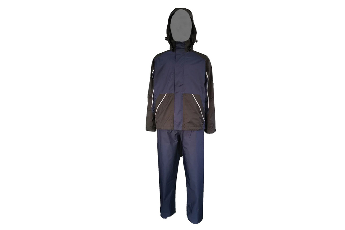 0922_LC_neilsen Blue raincoat and pants with black accents. Image by Neilsen Clothing.