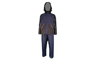 Blue raincoat and pants with black accents. Image by Neilsen Clothing.